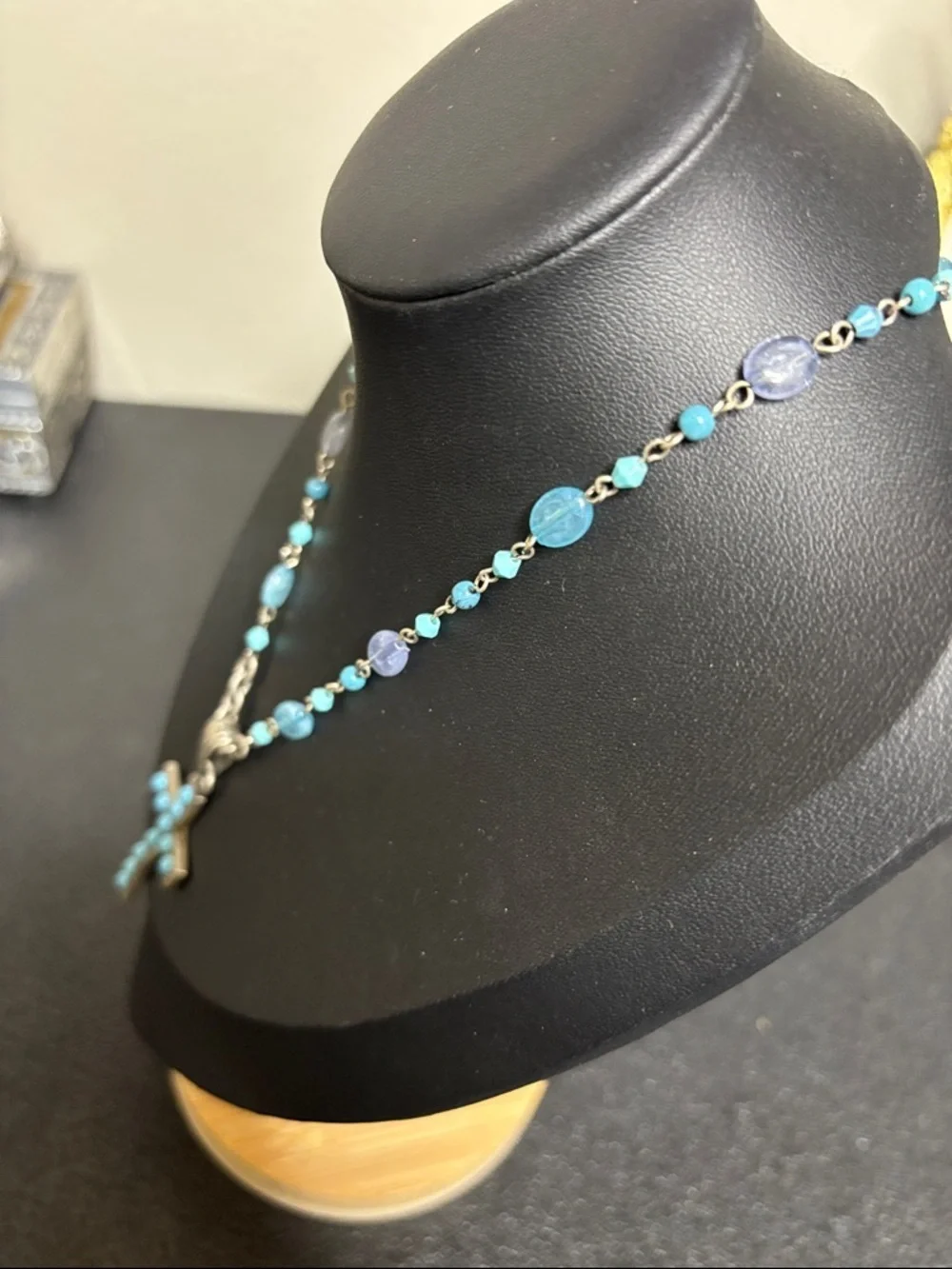 Vintage Blue Silver Tone Beaded Chain Cross Necklace